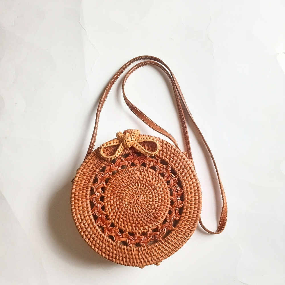 Woven Rattan Handmade Circular Brown Crossbody Shoulder Bag